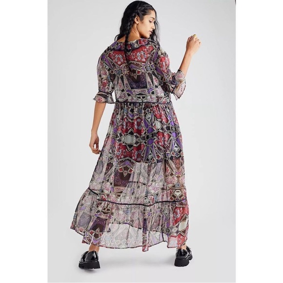 NWT Free People Carmella printed chiffon maxi dress black slip underneath XS